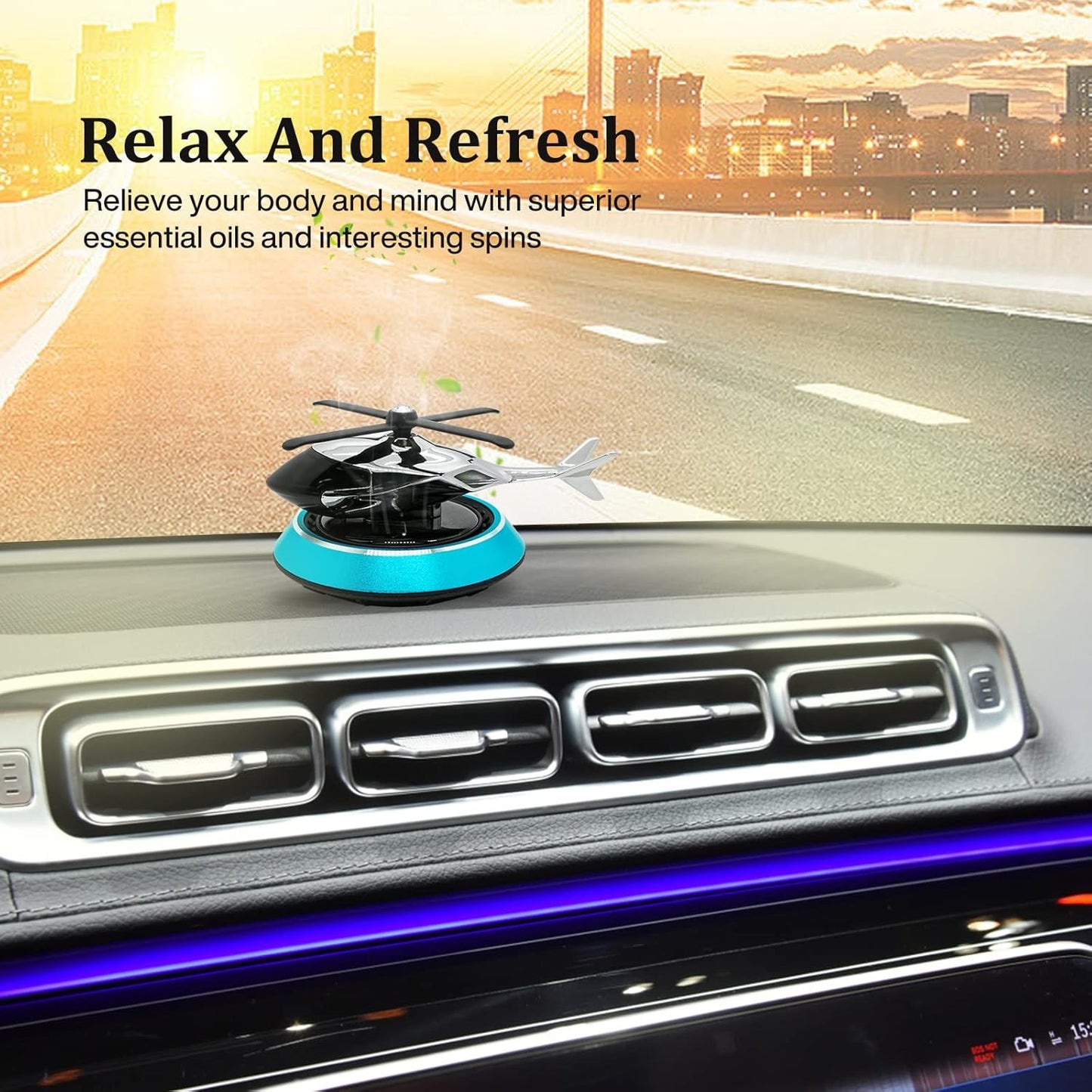 Solar Powered Car Aroma Diffuser Helicopter Dashboard Perfume Decor, Metal + ABS, Refillable Fragrance