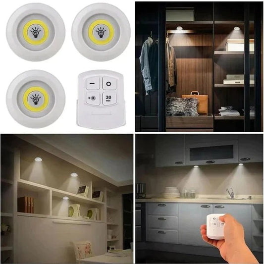Pack Of 3 LED Remote Control Lights | Tap Light For Cabinet Wardrobe Room Kitchen & Office Use | Self-adhesive Lights With Remote